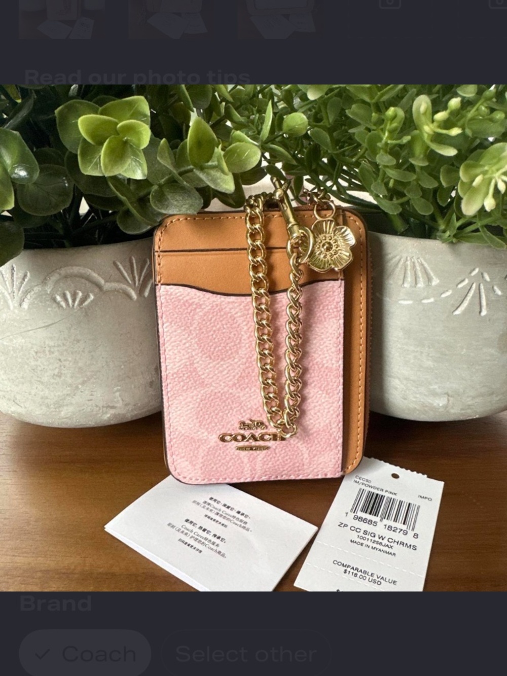 NWT Coach Outlet Zip Card Case In Signature Canvas With Charm